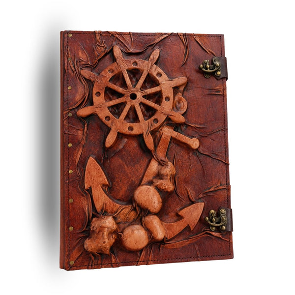 Genuine Dark Brown Sheepskin Leather Giant Tome, Blank Chamois Paper | 3D Sculpted Cover | Giant Ship Wheel Captains Log | Giant Journal
