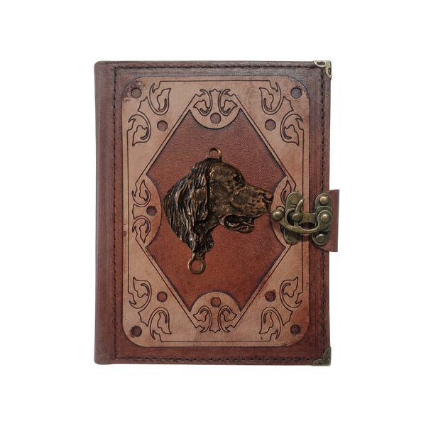 Genuine Sheepskin Leather Journal, Blank Chamois Paper | Layered Frame | Antique Metal Motif | Dog Head