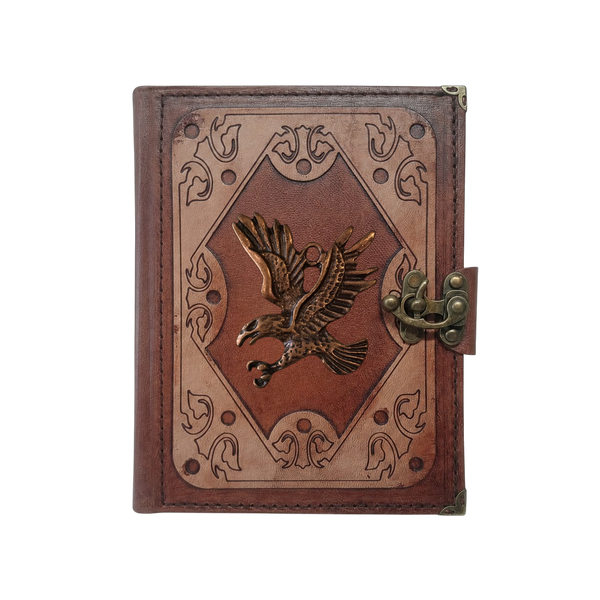 Genuine Sheepskin Leather Journal, Blank Chamois Paper | Layered Frame | Antique Metal Motif | Flying Eagle