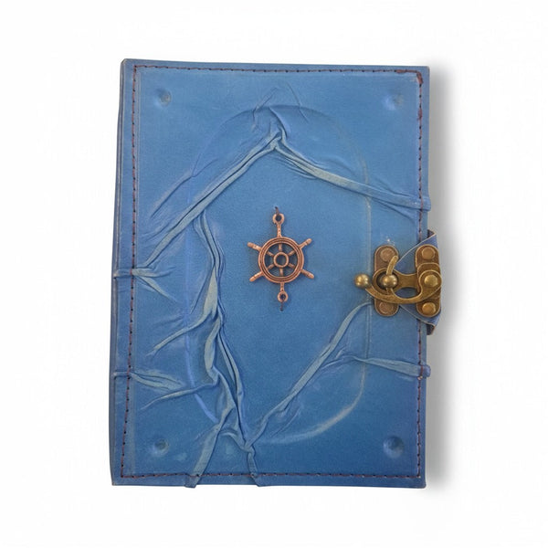 Colored Genuine Sheepskin Leather Journal, Blank Chamois Paper | Wrinkled Embossed Frame | Antique Metal Motif | Nautical Ship Wheel - Ex Mini - Yellow