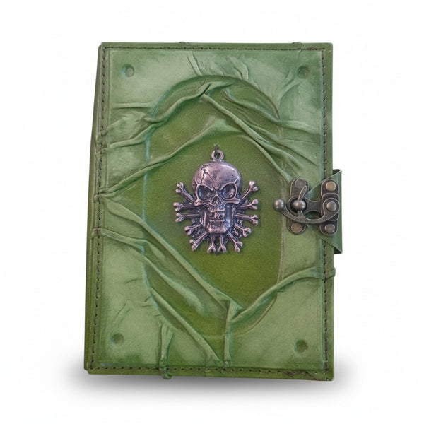 Colored Genuine Sheepskin Leather Journal, Blank Chamois Paper | Wrinkled Embossed Frame | Antique Metal Motif | Jolly Roger Skull - Ex Mini - Yellow