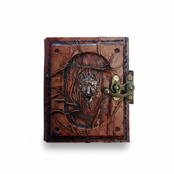 Genuine Sheepskin Leather Journal, Blank Chamois Paper | Wrinkled Embossed Frame | Antique Metal Motif | Wolf Head