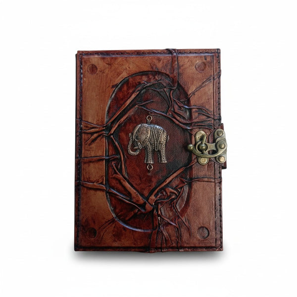 Genuine Sheepskin Leather Journal, Blank Chamois Paper | Wrinkled Embossed Frame | Antique Metal Motif | Elephant