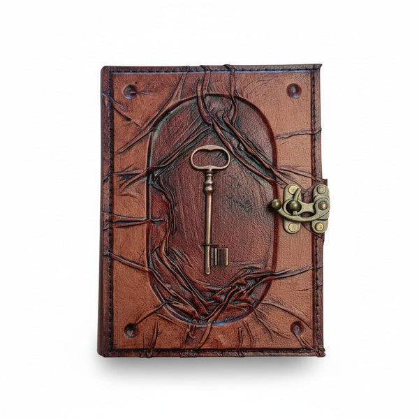 Genuine Sheepskin Leather Journal, Blank Chamois Paper | Wrinkled Embossed Frame | Antique Metal Motif | Heart Skeleton Key