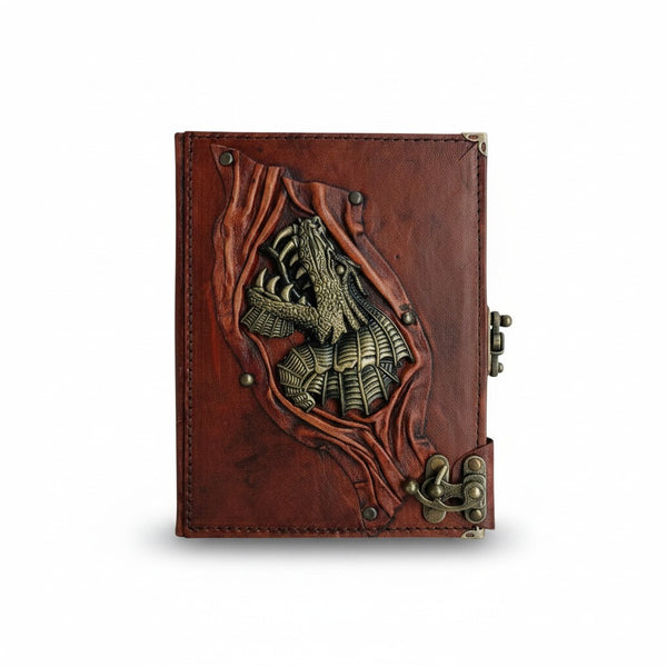 Genuine Sheepskin Leather Journal, Blank Chamois Paper | Up Wrinkled | Antique Resin Motif | Gothic Roaring Dragon Head
