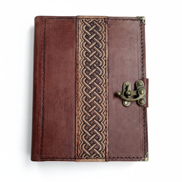 Genuine Sheepskin Leather Journal, Blank Chamois Paper | Rustic Flat Cover | Layered Leather Overlay | Infinite Wave Scroll Engraved