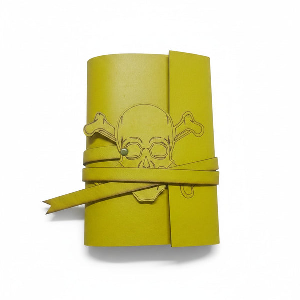 Genuine Yellow Sheepskin Leather Journal, Blank Chamois Paper | Laser Cut Wrap-Around Cover | Jolly Roger Skull | Small