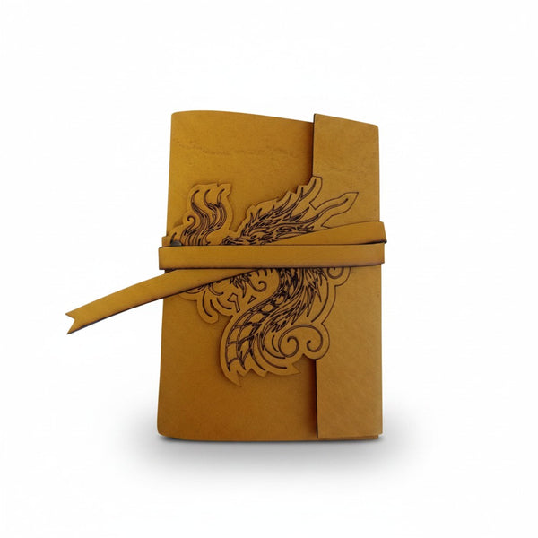 Genuine Camel Sheepskin Leather Journal, Blank Chamois Paper | Laser Cut Wrap-Around Cover | Dragon Head | Small