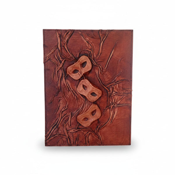 Genuine Dark Brown Sheepskin Leather Giant Tome, Blank Chamois Paper | 3D Sculpted Cover | Three Masquerade Masks Theater Prop | Wall Art