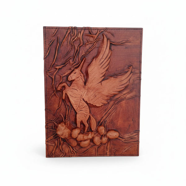 Genuine Dark Brown Sheepskin Leather Giant Tome, Blank Chamois Paper | 3D Sculpted Cover | Pegasus & Vines Fantasy | Wall Art