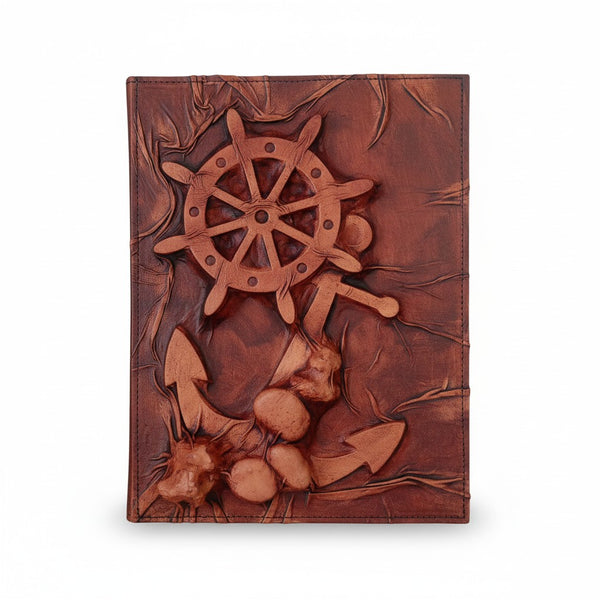Genuine Dark Brown Sheepskin Leather Giant Tome, Blank Chamois Paper | 3D Sculpted Cover | Giant Ship Wheel Captains Log | Wall Art