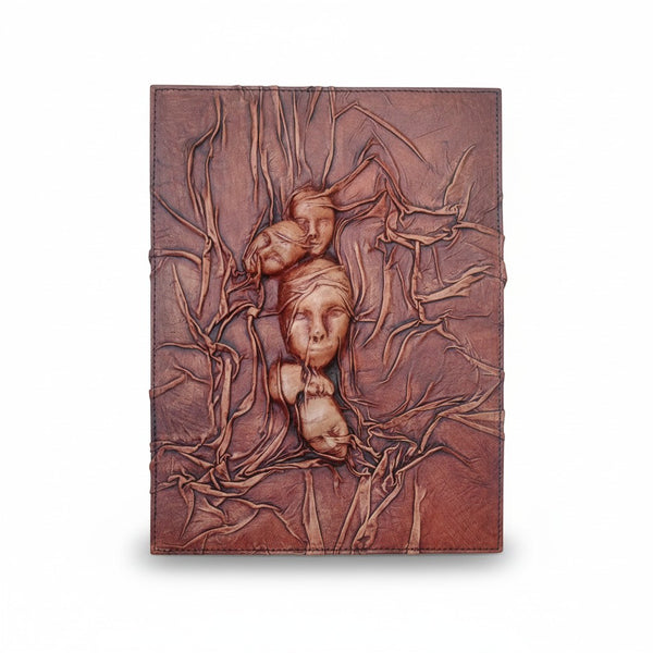 Genuine Dark Brown Sheepskin Leather Giant Tome, Blank Chamois Paper | 3D Sculpted Cover | Three Faces Grimoire Prop | Wall Art