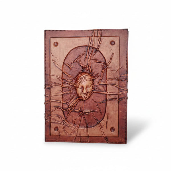 Genuine Dark Brown Sheepskin Leather Giant Tome, Blank Chamois Paper | 3D Sculpted Cover | Deep Mysterious Face Grimoire | Wall Art
