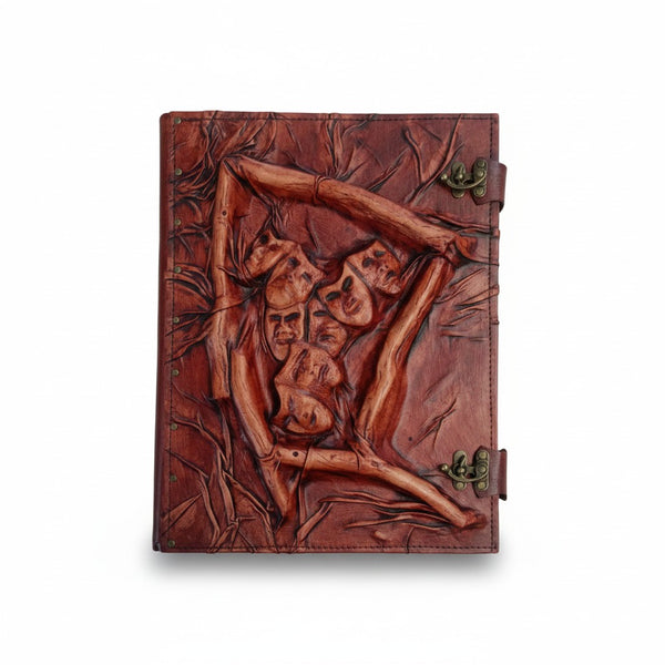 Genuine Dark Brown Sheepskin Leather Giant Tome, Blank Chamois Paper | 3D Sculpted Cover | Three Faces Grimoire Prop | Giant Journal