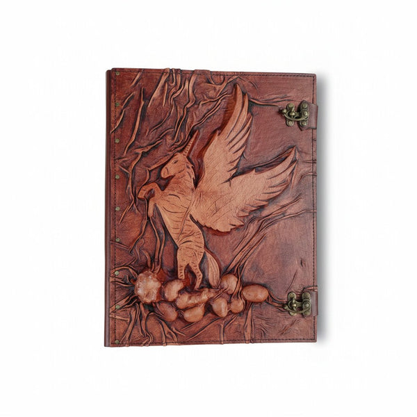 Genuine Dark Brown Sheepskin Leather Giant Tome, Blank Chamois Paper | 3D Sculpted Cover | Pegasus & Vines Fantasy | Giant Journal
