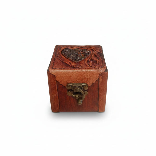 Genuine Leather Wooden Jewelry Box | Antique Metal Vintage Heart | 8x8cm