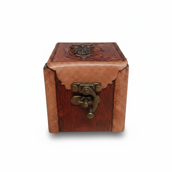 Genuine Leather Wooden Jewelry Box | Antique Metal Wise Owl | 8x8cm