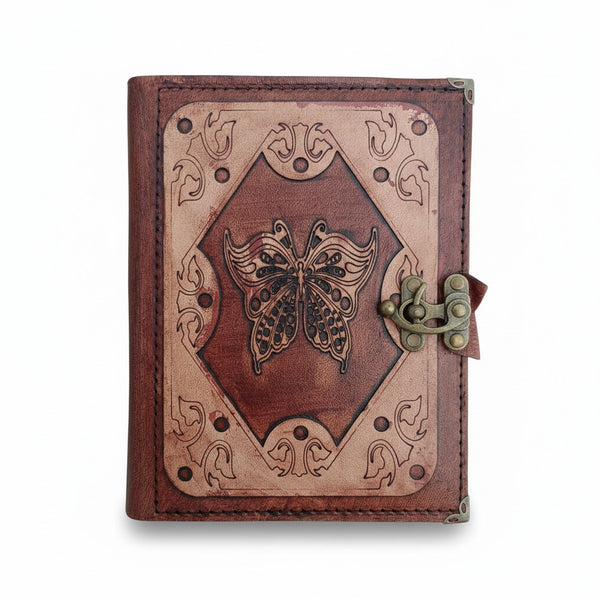 Genuine Sheepskin Leather Journal, Blank Chamois Paper | Layered Frame | Leather Overlay | Vintage Butterfly Engraved