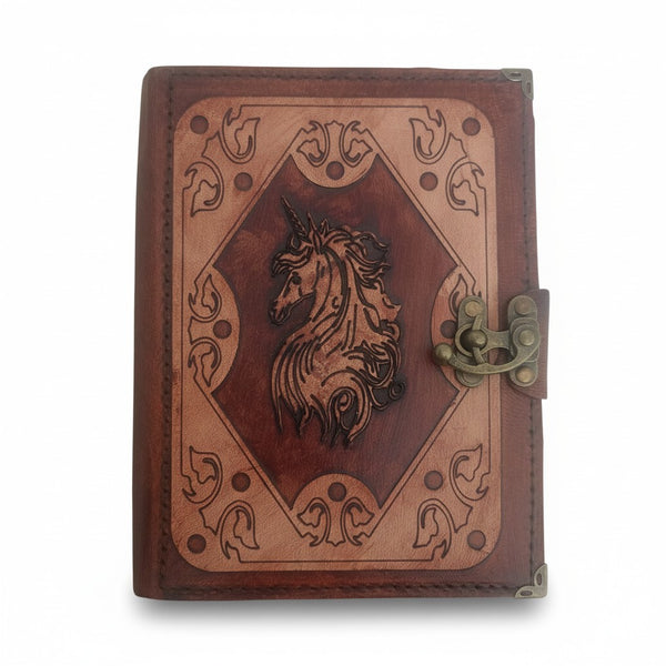 Genuine Sheepskin Leather Journal, Blank Chamois Paper | Layered Frame | Leather Overlay | Mythical Unicorn Engraved