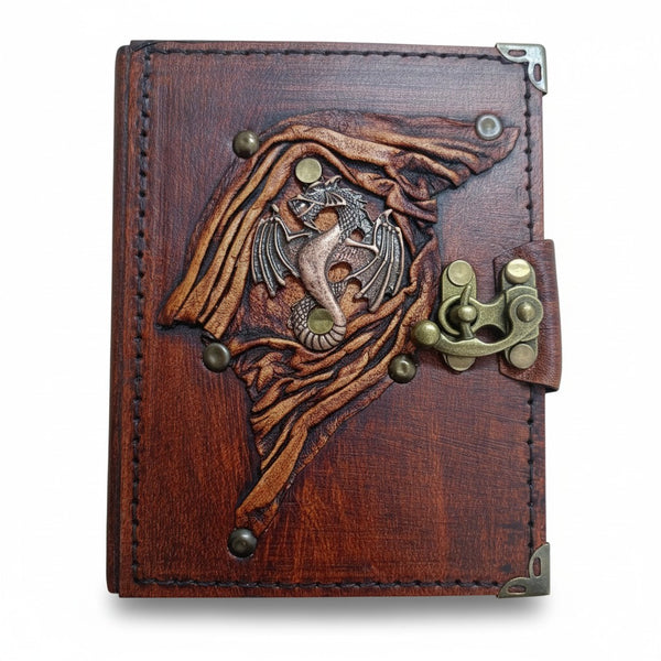 Genuine Sheepskin Leather Journal, Blank Chamois Paper | Up Wrinkled | Antique Metal Motif | Asian Serpent Dragon