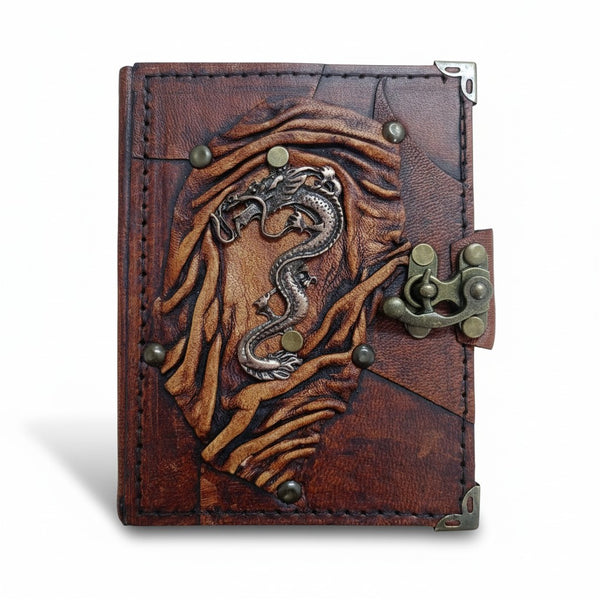 Genuine Sheepskin Leather Journal, Blank Chamois Paper | Up Wrinkled | Antique Metal Motif | Winged Serpent Dragon