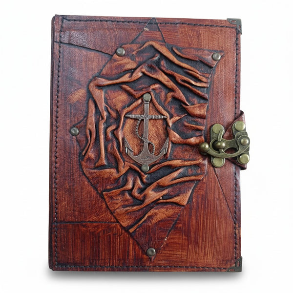 Genuine Sheepskin Leather Journal, Blank Chamois Paper | Up Wrinkled | Antique Metal Motif | Nautical Anchor