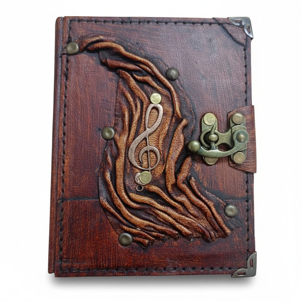 Genuine Sheepskin Leather Journal, Blank Chamois Paper | Up Wrinkled | Antique Metal Motif | Treble Clef