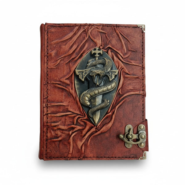 Genuine Sheepskin Leather Journal, Blank Chamois Paper | Full Wrinkled | Antique Resin Motif | Serpent Sword