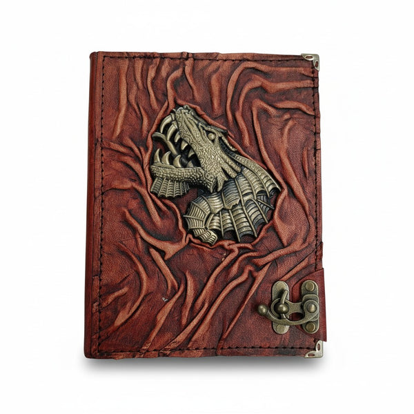 Genuine Sheepskin Leather Journal, Blank Chamois Paper | Full Wrinkled | Antique Resin Motif | Gothic Roaring Dragon Head