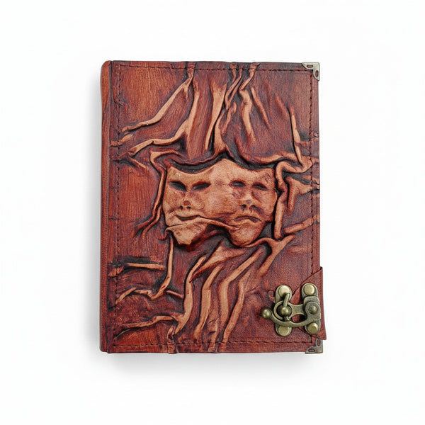 Genuine Sheepskin Leather Journal, Blank Chamois Paper | 3D Sculpted & Wrinkled | Antique Resin | Theater Masks