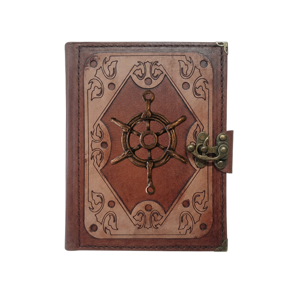 Genuine Sheepskin Leather Journal, Blank Chamois Paper | Layered Frame | Antique Metal Motif | Nautical Ship Wheel