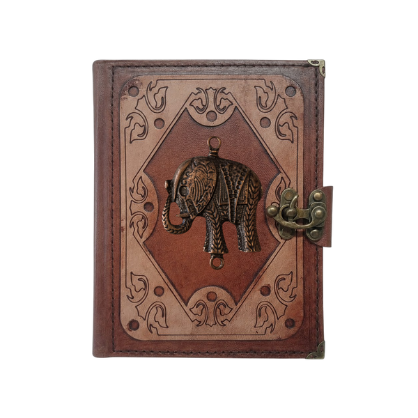 Genuine Sheepskin Leather Journal, Blank Chamois Paper | Layered Frame | Antique Metal Motif | Elephant