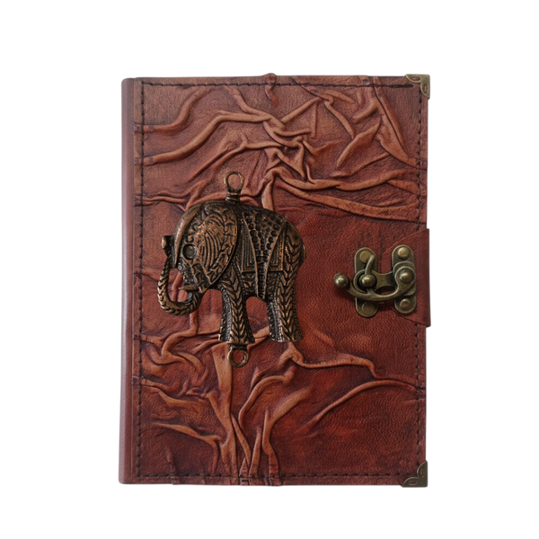 Genuine Sheepskin Leather Journal, Blank Chamois Paper | Full Wrinkled | Antique Metal Motif | Elephant