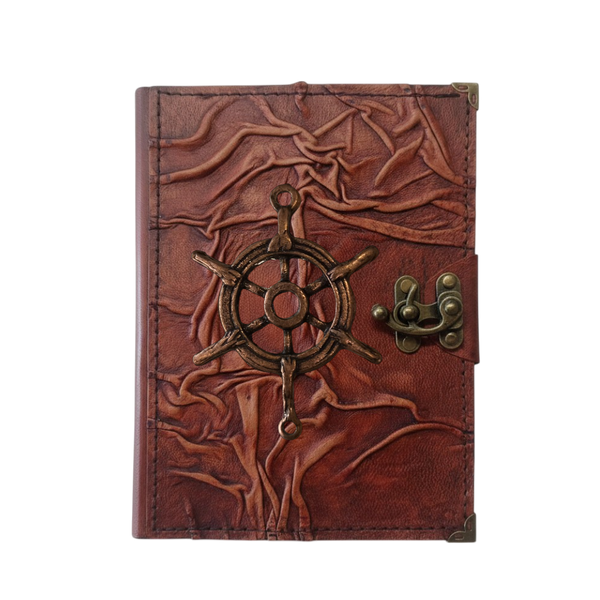 Genuine Sheepskin Leather Journal, Blank Chamois Paper | Full Wrinkled | Antique Metal Motif | Nautical Ship Wheel