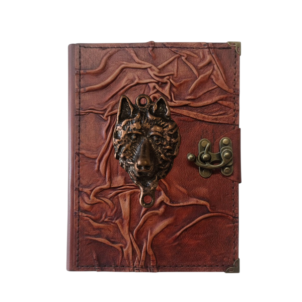 Genuine Sheepskin Leather Journal, Blank Chamois Paper | Full Wrinkled | Antique Metal Motif | Wolf Head