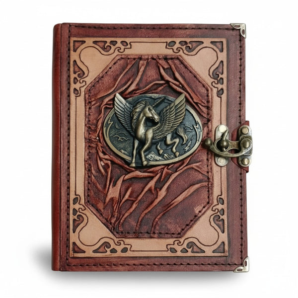 Genuine Sheepskin Leather Journal, Blank Chamois Paper | Wrinkled Classic Frame | Antique Resin Motif | Pegasus Winged Horse