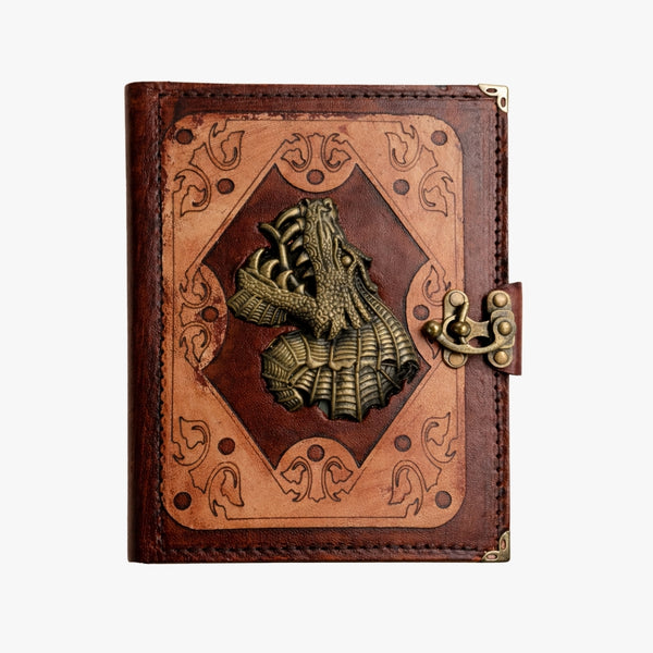Genuine Sheepskin Leather Journal, Blank Chamois Paper | Layered Frame | Antique Resin Motif | Gothic Roaring Dragon Head