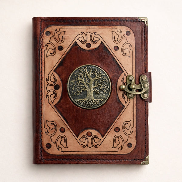 Genuine Sheepskin Leather Journal, Blank Chamois Paper | Layered Frame | Antique Resin Motif | Tree of Life