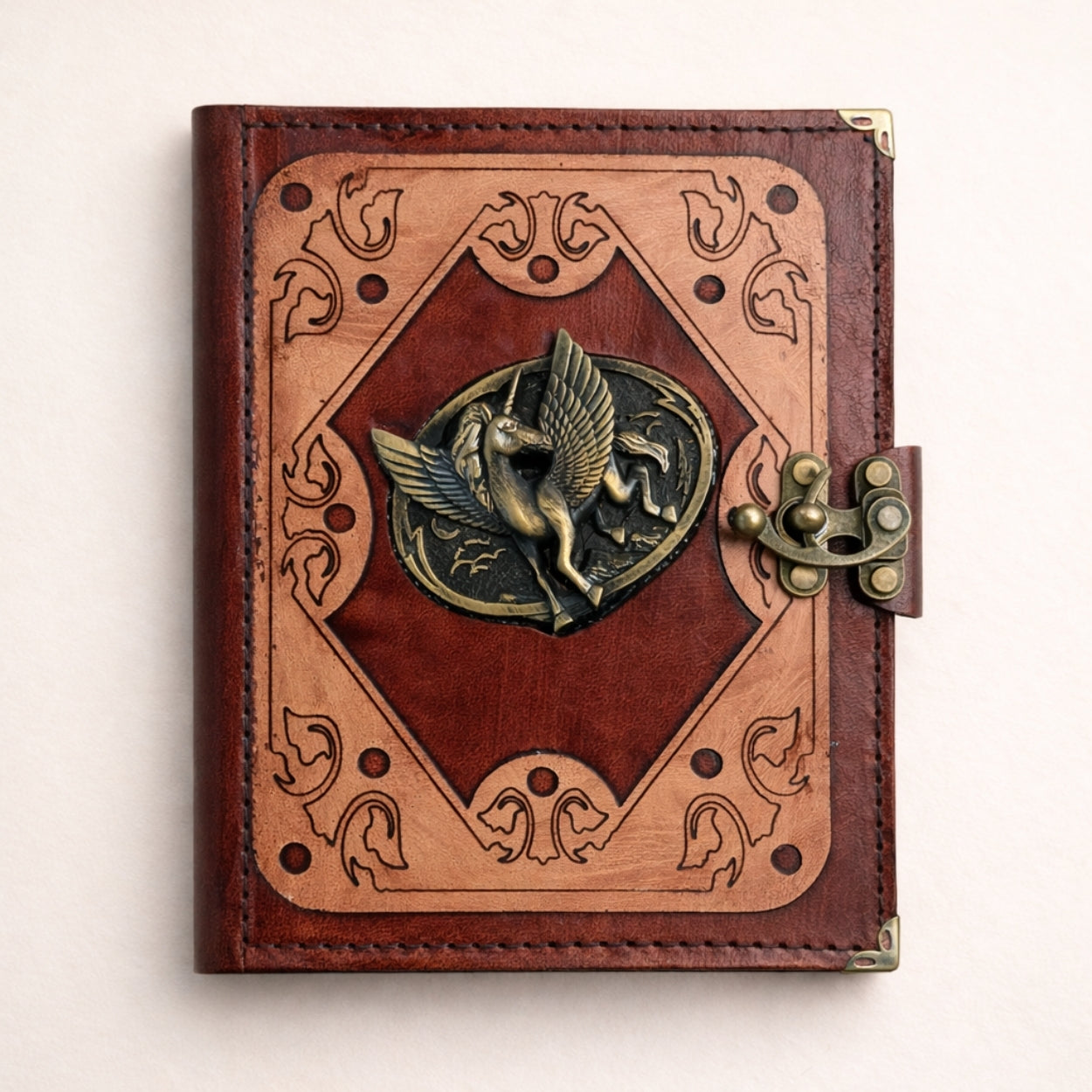 Genuine Sheepskin Leather Journal, Blank Chamois Paper | Layered Frame | Antique Resin Motif | Pegasus Winged Horse