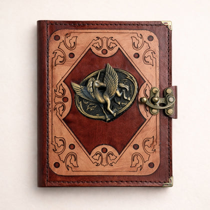 Genuine Sheepskin Leather Journal, Blank Chamois Paper | Layered Frame | Antique Resin Motif | Pegasus Winged Horse