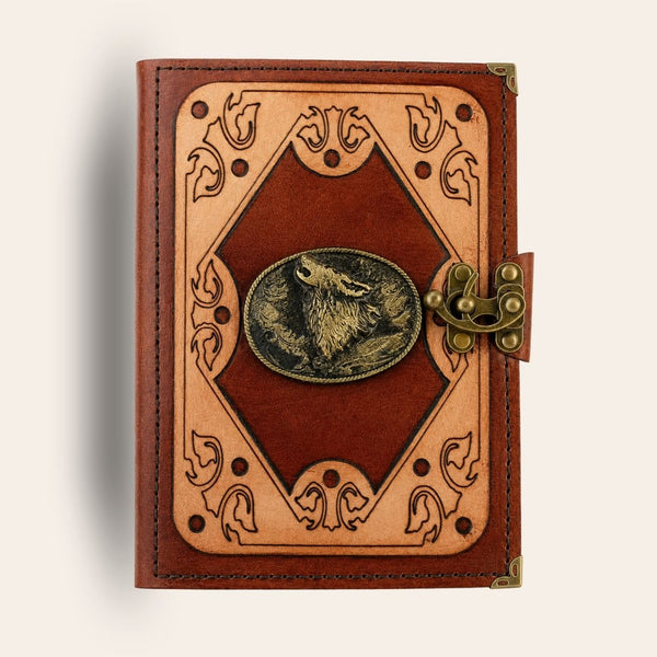 Genuine Sheepskin Leather Journal, Blank Chamois Paper | Layered Frame | Antique Resin Motif | Wolf Head