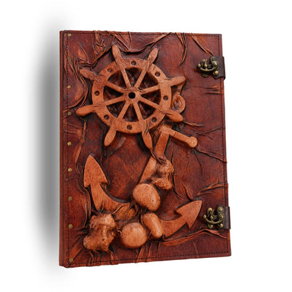 Genuine Dark Brown Sheepskin Leather Giant Tome, Blank Chamois Paper | 3D Sculpted Cover | Giant Ship Wheel Captains Log | Giant