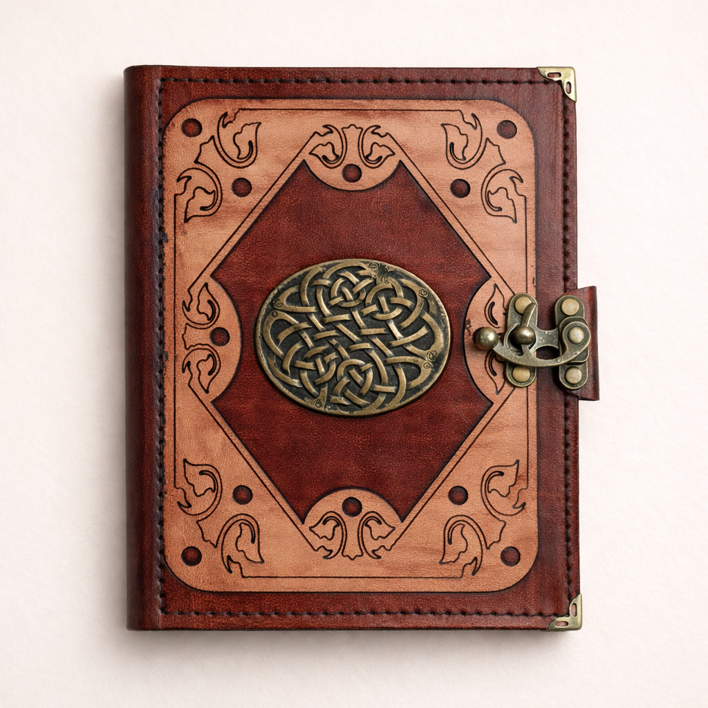 Genuine Sheepskin Leather Journal, Blank Chamois Paper | Layered Frame | Antique Resin Motif | Celtic Knot