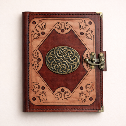 Genuine Sheepskin Leather Journal, Blank Chamois Paper | Layered Frame | Antique Resin Motif | Celtic Knot