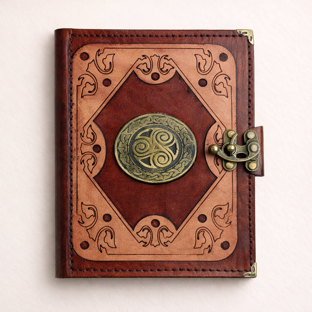 Genuine Sheepskin Leather Journal, Blank Chamois Paper | Layered Frame | Antique Resin Motif | Celtic Triskelion Shield