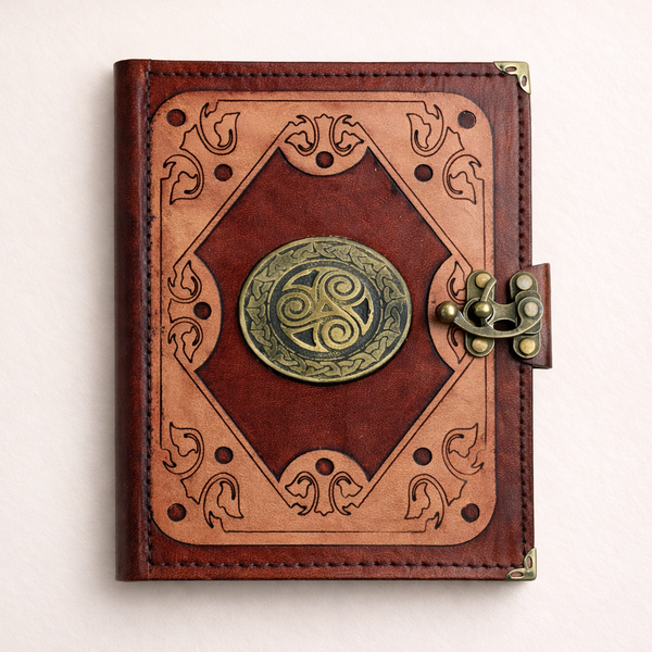 Genuine Sheepskin Leather Journal, Blank Chamois Paper | Layered Frame | Antique Resin Motif | Celtic Triskelion Shield