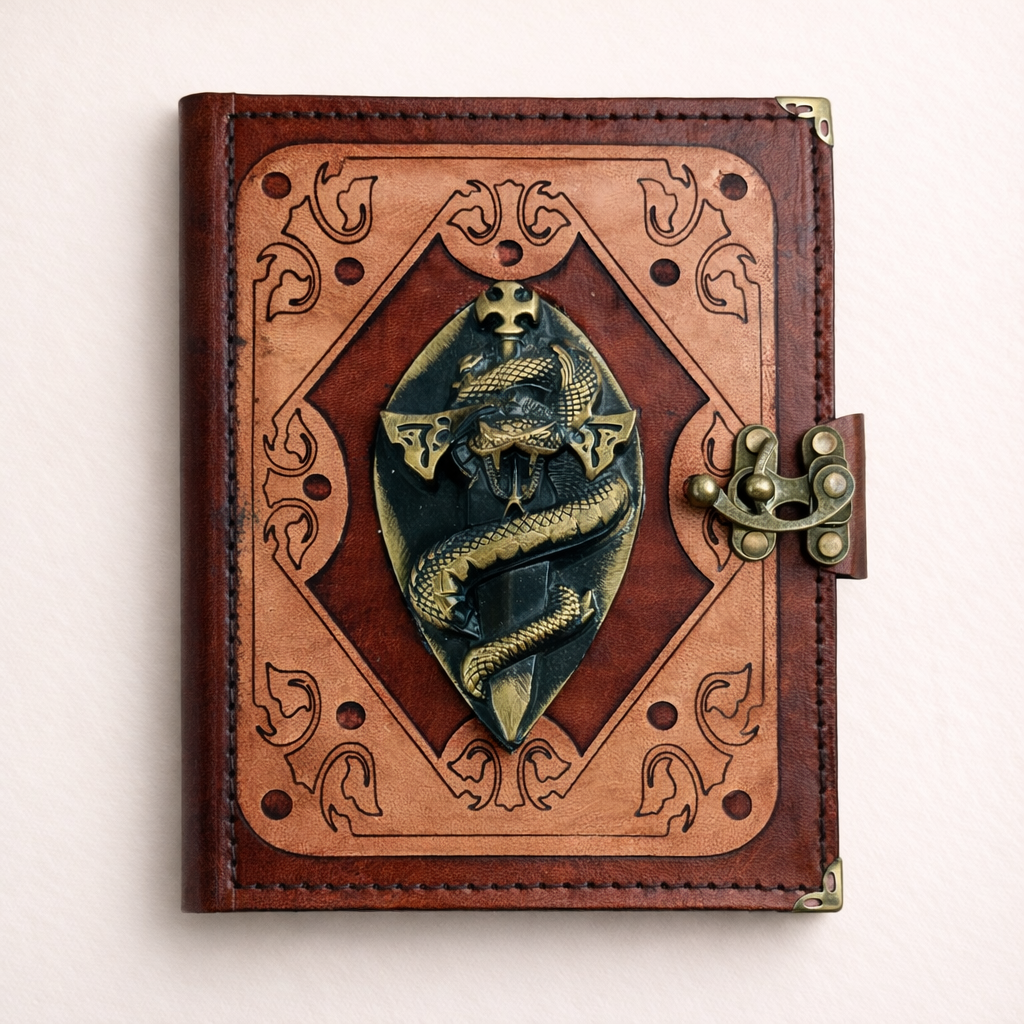 Genuine Sheepskin Leather Journal, Blank Chamois Paper | Layered Frame | Antique Resin Motif | Serpent Sword
