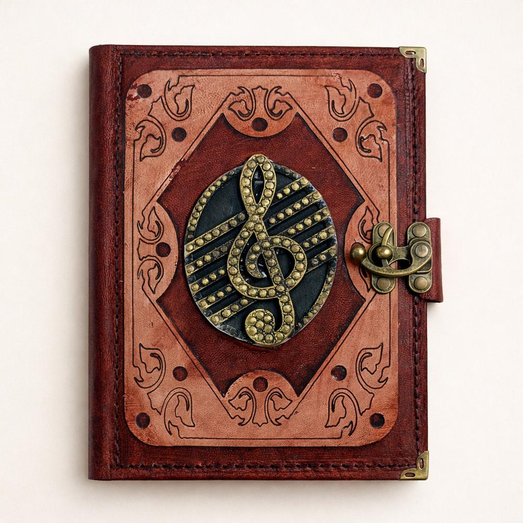 Genuine Sheepskin Leather Journal, Blank Chamois Paper | Layered Frame | Antique Resin Motif | Treble Clef