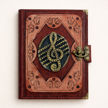 Genuine Sheepskin Leather Journal, Blank Chamois Paper | Layered Frame | Antique Resin Motif | Treble Clef
