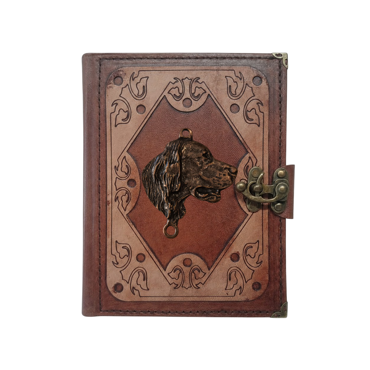 Genuine Sheepskin Leather Journal, Blank Chamois Paper | Layered Frame | Antique Metal Motif | Dog Head